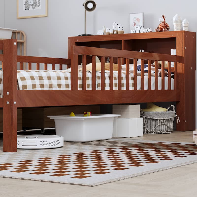 Twin Size Platform Bed with Built-In Headboard Shelves, Safety Guardrails & 2 Storage Drawers, Space-Saving Wood Frame