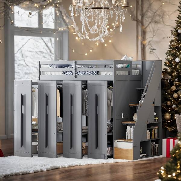 slide 2 of 10, Contemporary Design Twin Loft Bed with Two-Tone Storage Stairs and Large Pull-Out Wardrobes, Smooth Sliding Mechanism, White Grey
