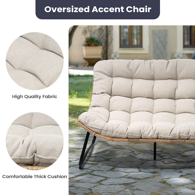 Double Papasan PE Rattan Chair Loveseat with Cushion For Indoor Outdoor