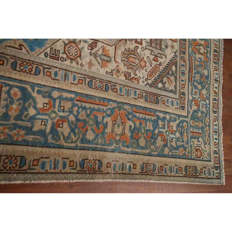 Blue Distressed Tabriz Vintage Persian Rug Hand-Knotted Wool Carpet - 8'1" x 11'2"