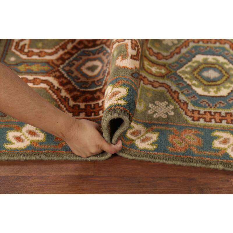 Green Geometric Kazak Runner Rug Hand-Knotted Traditional Wool Carpet - 2'8"x 9'8"