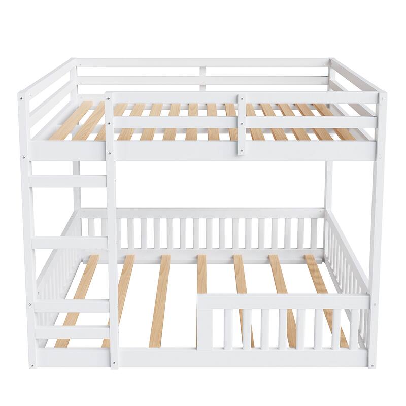 Stylish and Simple Full Size Wooden Bunk Bed, Solid Pine Full over Full Floor Bunk Bed Frame with Ladder and Guardrails