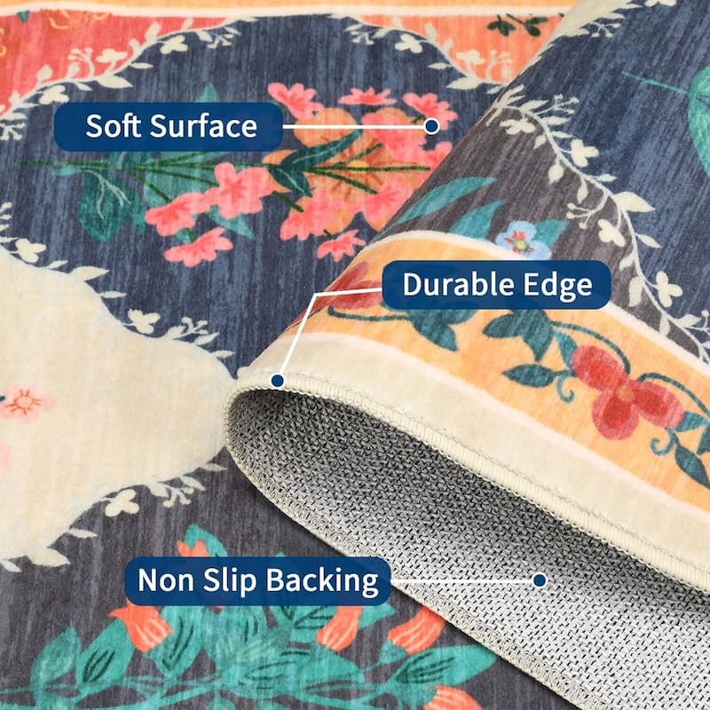 Vintage Floral Washbale Floor Cover Area Rug for Bedroom, Living Room, Colorful - 1'6" x 2'6"