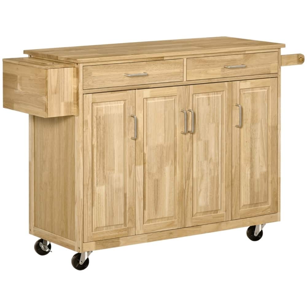 Natural Wood Kitchen Cart with Rubberwood Countertop Storage Drawers Cabinets Spice Rack Knife Holder Towel Bar on Casters