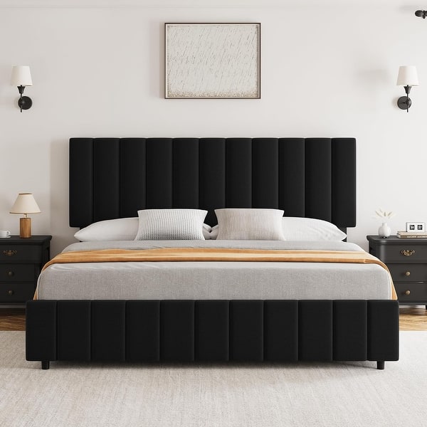 Linen Upholstered Bed Frame with 4 Storage Drawers and Adjustable Headboard - King