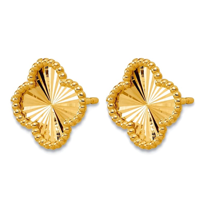 Curata Solid 14k Yellow Gold Italian 11mm Beaded Fluted Clover Earrings