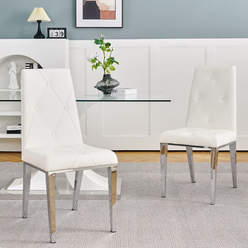 Modern simple light luxury dining chair Home bedroom stool back PU electroplated chair legs (set of 2) - White