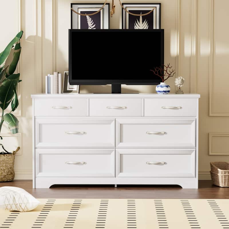 Modern Drawer Dresser Clothes Organizer with 7 Drawers Metal Handle Anti-Tip Device, for Living Room Bedroom Hallway, White