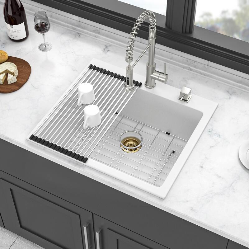 25" x 22" Drop-In Single Bowl Kitchen Sink with Grid, White Composite Granite, 9.65" Deep