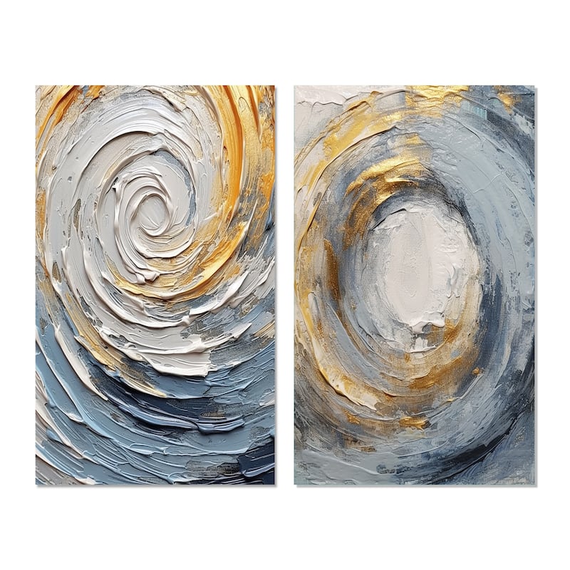Designart "Gold and Blue Vibrant Spirals" Abstract Spirals Wall Art Set Of 2 Gold Modern Wall Decor Set Of 2