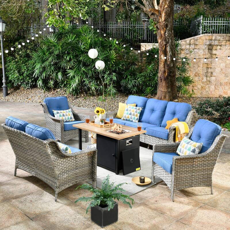 HOOOWOOO 5-piece Rattan Wicker High Back Patio Conversation Furniture Set - Diamond Blue