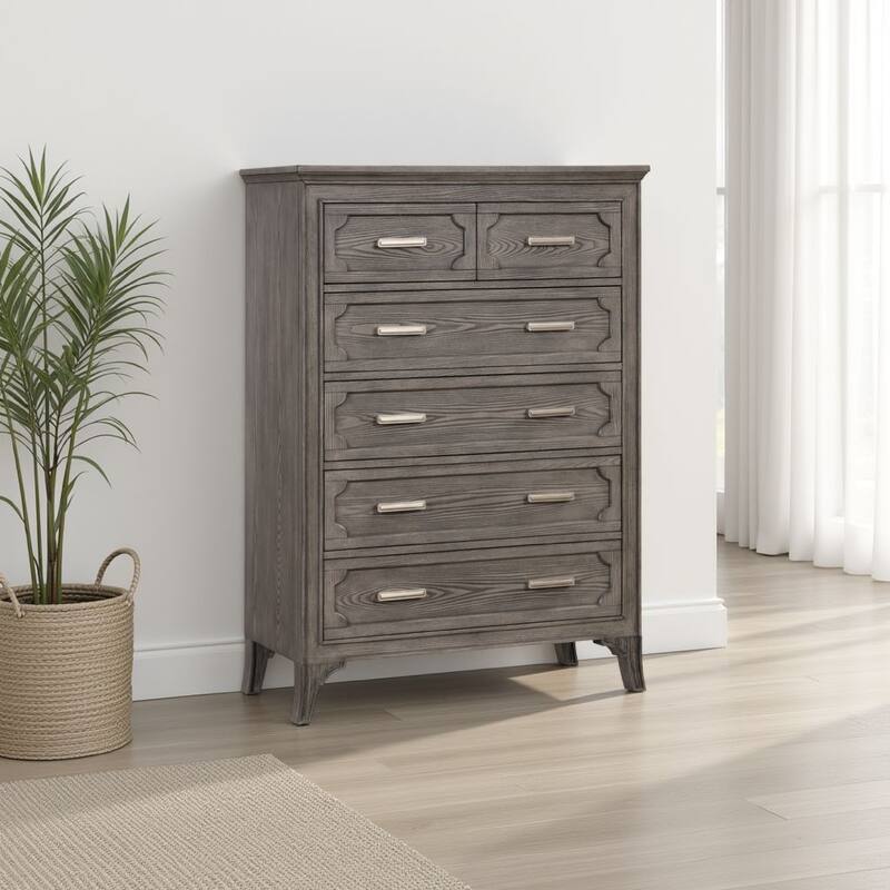 Leslee Tall Dresser Chest with Anti-Tip Kit, 6 Drawers, Gray Wood