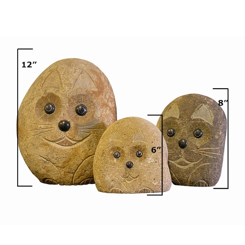 Natural Granite Boulder Animal Statues - 3 Piece Families - Dog, Angry Bird, Hedgehog, Cat, Owl, or Turtle