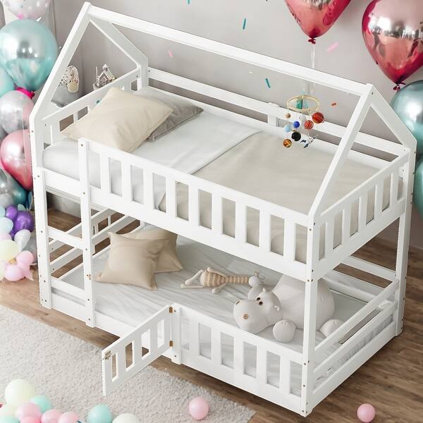 slide 2 of 18, Twin over Twin House Bunk Bed with Fence and Door for Home White
