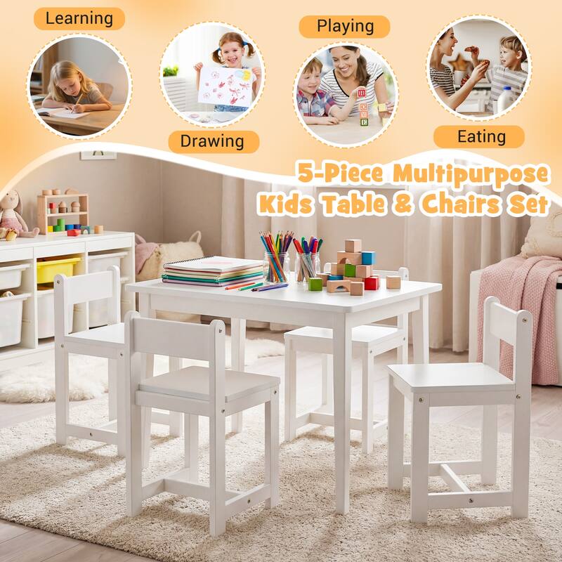 Gymax 5-Piece Kids Table and Chairs Set Solid Rubber Wood Toddler
