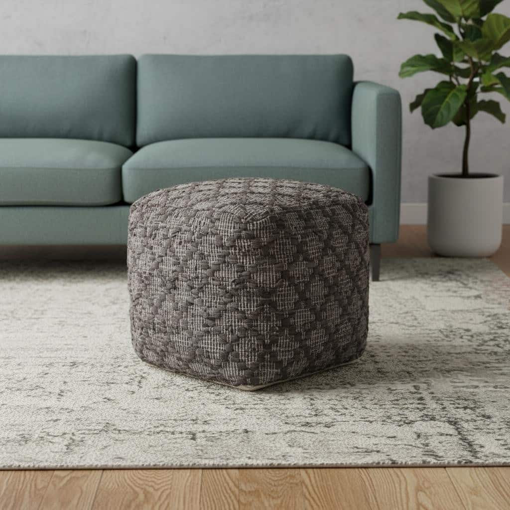 HomeRoots 16" Brown and Gray Cotton And Leather Geometric Cube Pouf Ottoman