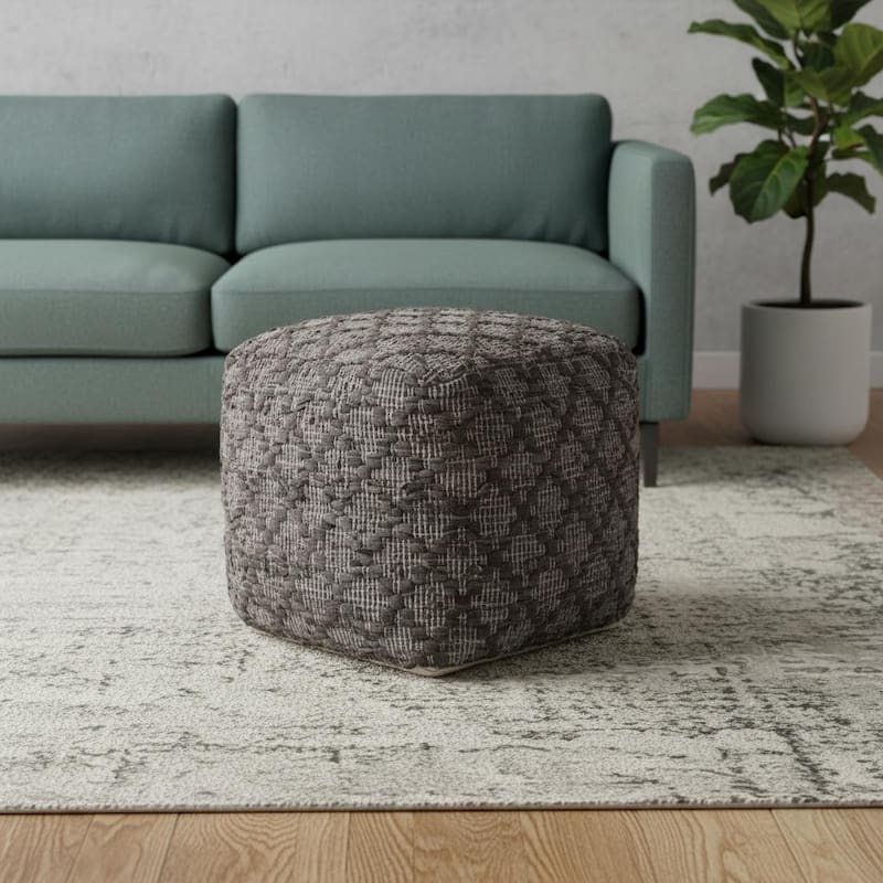 HomeRoots 16" Brown and Gray Cotton And Leather Geometric Cube Pouf Ottoman - Brown/Gray - 16.00 in. x 16.00 in. x 16.00 in.