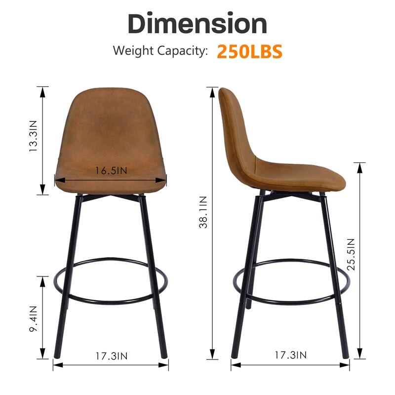 Homy Casa Faux Leather Tech Fabric Bar Stool with Backrest and Black Metal Frame - Counter Height & Bar Height, Rustic Brown