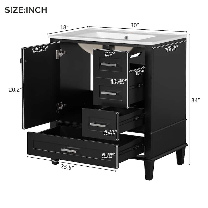 Modern Bathroom Vanity, 30" Freestanding Cabinet with Sink, Bathroom Storage Cabinet with Soft Closing Door and 3 Drawers