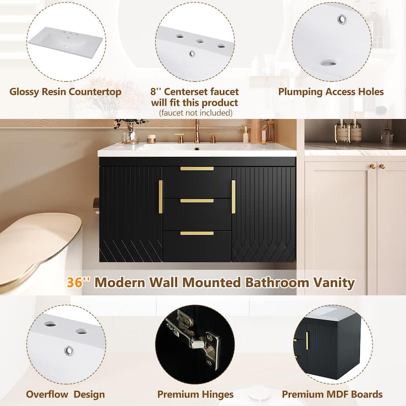 Roomfitters 36" Floating Vanity with Resin Sink, Wall Mounted Cabinet with 2 Drawers, Solid Wood Bathroom Storage Unit, Black