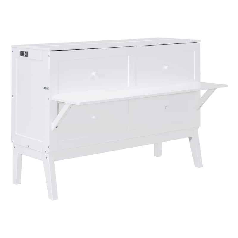 Queen Size Murphy Bed with USB Port, Solid Wood Murphy Chest Bed, Platform Murphy Bed Frame with Removable Shelves On Each Side