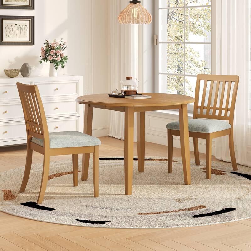 3-Piece Round Dining Table Set for 2 People, 1 Folding Wood Dining Table + 2 Upholstered Chairs, for Small Apartments
