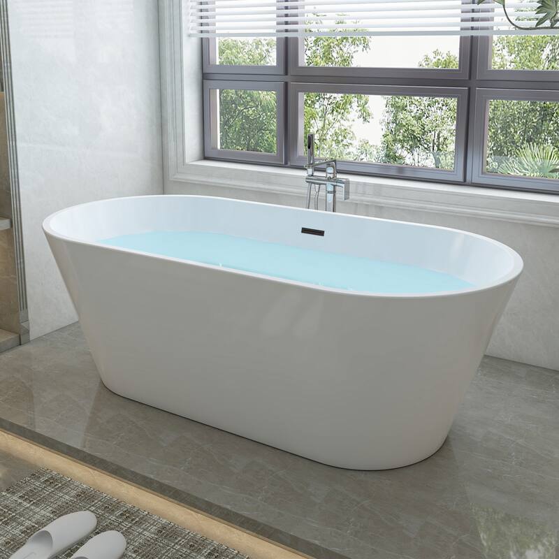 Vanity Art 59" Non-Slip Acrylic Freestanding Soaking Bathtub with Overflow & Pop-up Drain