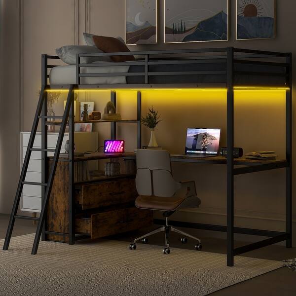 slide 2 of 27, Twin Size Metal&Wood Loft Bed with Desk and Shelves, 2 Built-in Drawers, LED Light and USB Charging Station, Black Black