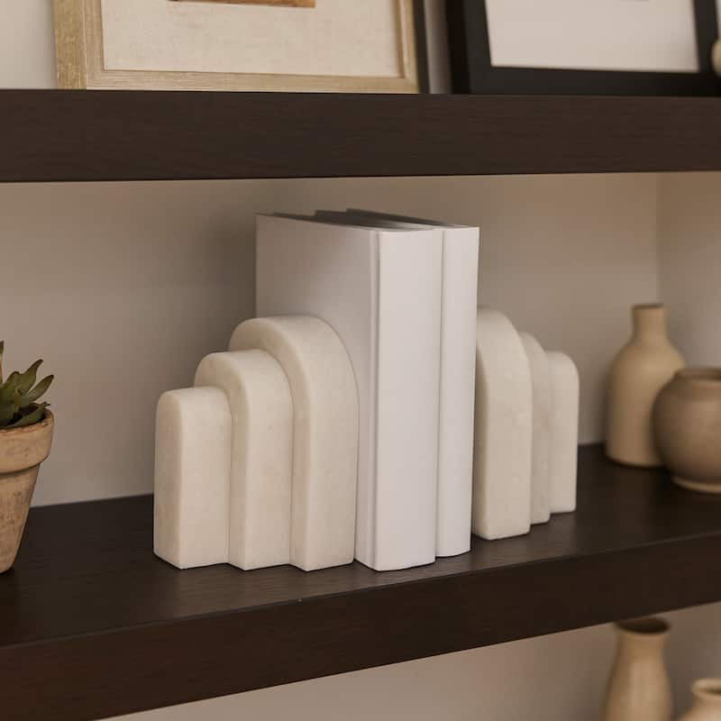 Modern Layered Arched Bookends - Home Desk Decor - Set of 2, 6", White - 6.0"