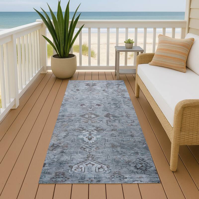 Machine Washable Indoor/ Outdoor Traditional Serenity Chantille Rug - Blue - 2'3" x 7'6"