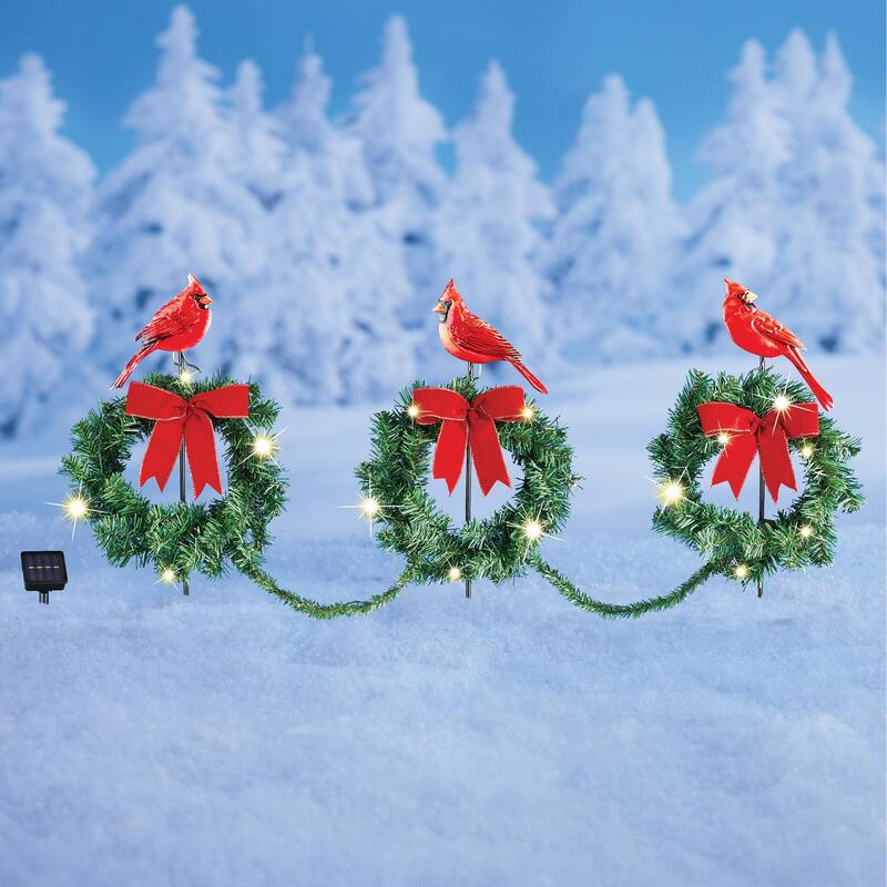 Set of 3 Cardinal Wreath Christmas Path Stakes with Solar Powered Lights - 60 x 27 x 4 - Green - 60 x 27 x 4 - Plastic
