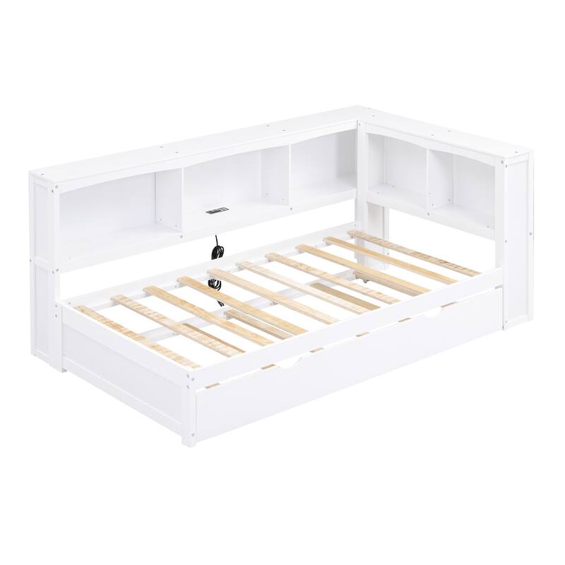 Twin Size Daybed with Trundle, Storage Cabinets and USB Ports, Wood Daybed Frame w/L-Shaped Bookcases, Slats Support