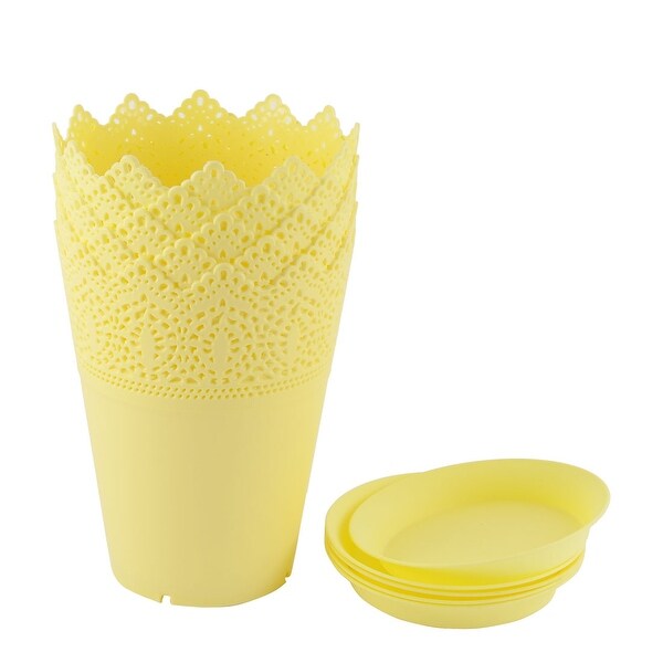 5pcs Yellow Plastic Crown Lace Flower Pot Plant Planter Home Garden Decor w Tray