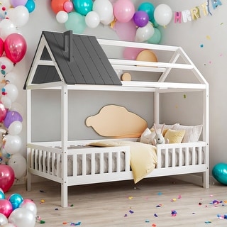 Twin Size Wood House Bed With Fence,Solid Construction