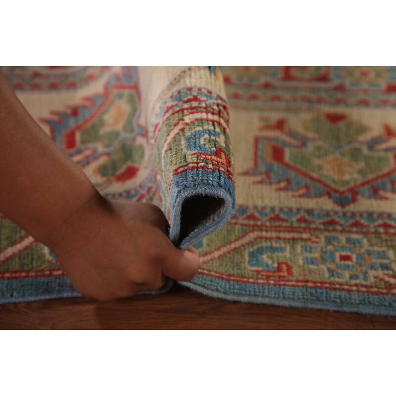 Blue Geometric Kazak Area Rug Handmade Wool Carpet - 8'0" x 9'10"