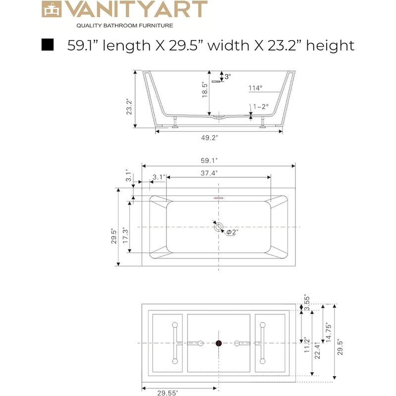 Vanity Art 59" Acrylic Freestanding Soaking Bathtub