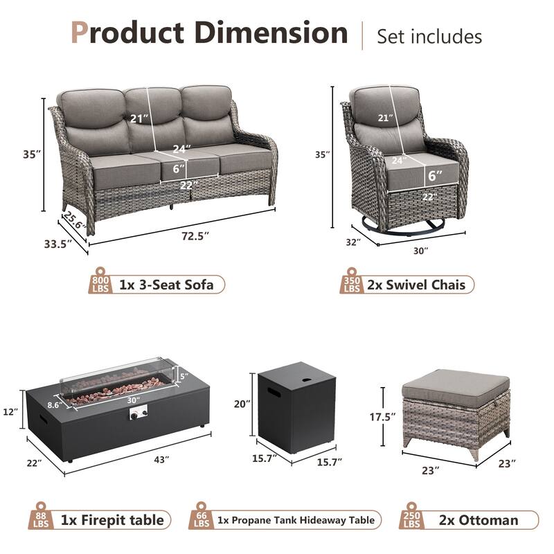 Pocassy 43" Fire Pit w/ Outdoor Sofa Swivel Chair Ottoman Set
