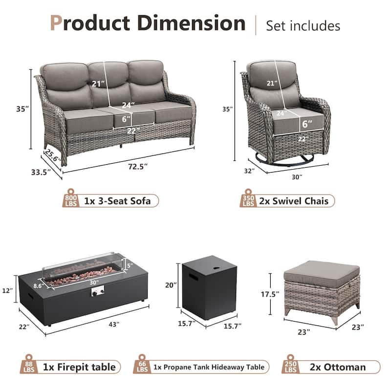 Pocassy 43 In Fire Pit w/ Outdoor Sofa Swivel Chair Ottoman Set