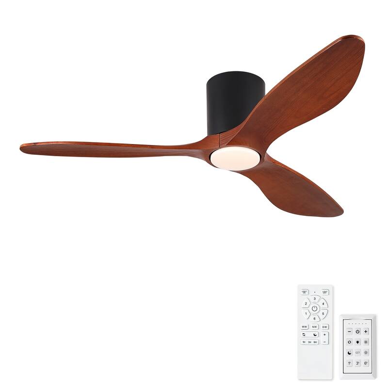 52" Mordern Farmhouse Retro Solid Wood Low Profile Flush Mount Ceiling Fan with Light and Reversible Quiet Motor
