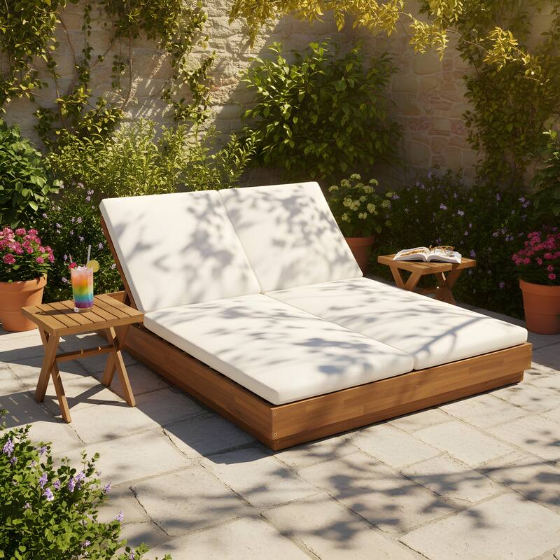 Christopher Knight Home - Modern Acacia Wood Outdoor Patio Sunlounge Set with Adjustable Backrests & Side Table - 3-Piece Set-Light Brown+Beige