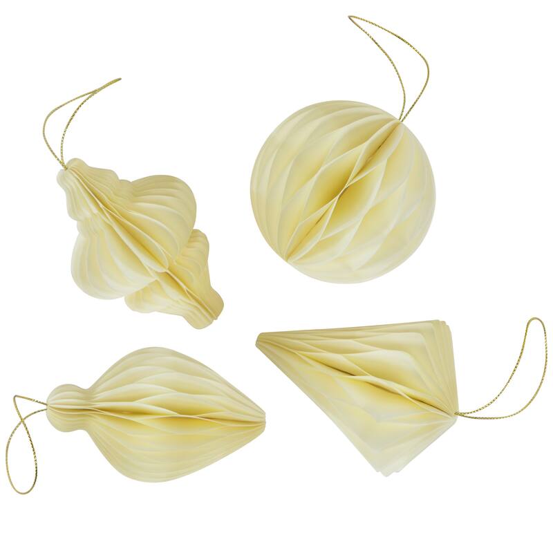Foldable Paper Honeycomb Christmas Finial Ornaments - 4" - Cream - Set of 4