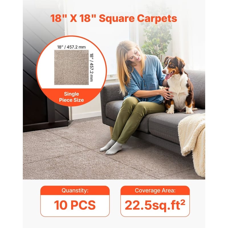 Peel-and-Stick Carpet Tiles 18x18in 10pcs with Memory Foam Cushion