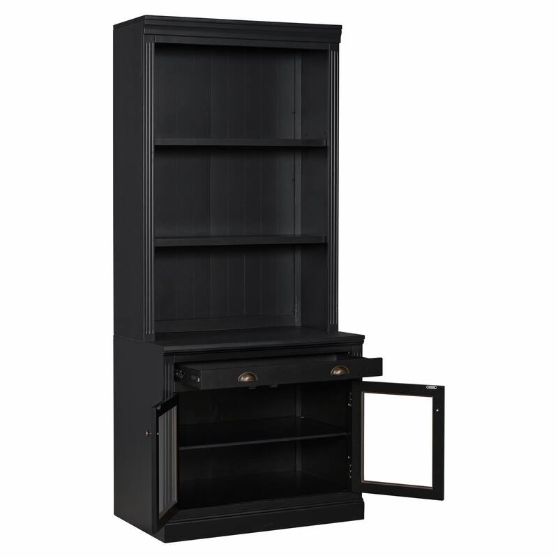 83.4" Tall Bookshelf, Modern Bookcase with 2 Glass Doors, 1 Drawer & Open Shelves