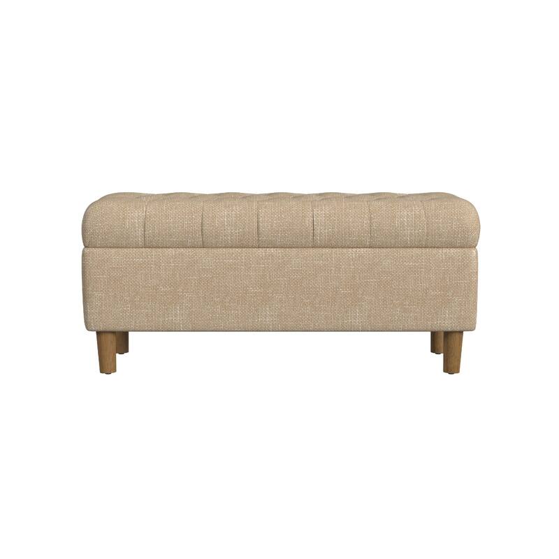 Sol Storage Bench Ottoman, Light Tan Woven Fabric, Brown Wood, 40 Inch