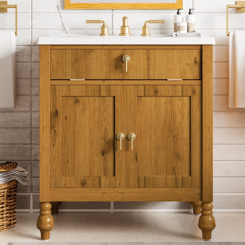 30-Inch Walnut Bathroom Vanity: Seashell Resin Sink, Flip-Up Storage & Soft-Close Doors - Brown