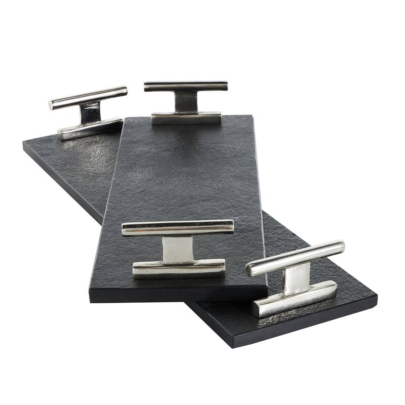 Black Marble Textured Living Room Decor Tray with Silver or Black Rod Handles (Set of 2)