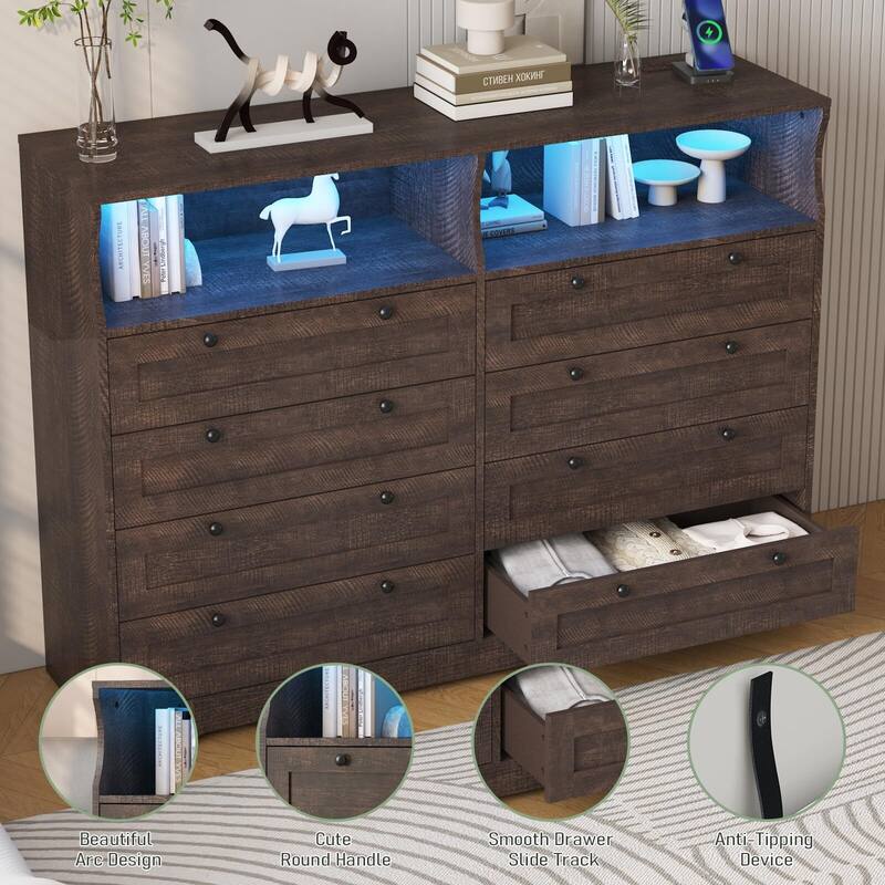 8 Drawers Wooden Dressers for Bedroom Living Room, Hallway, Wood Dressers with Led Lights and Charging Station