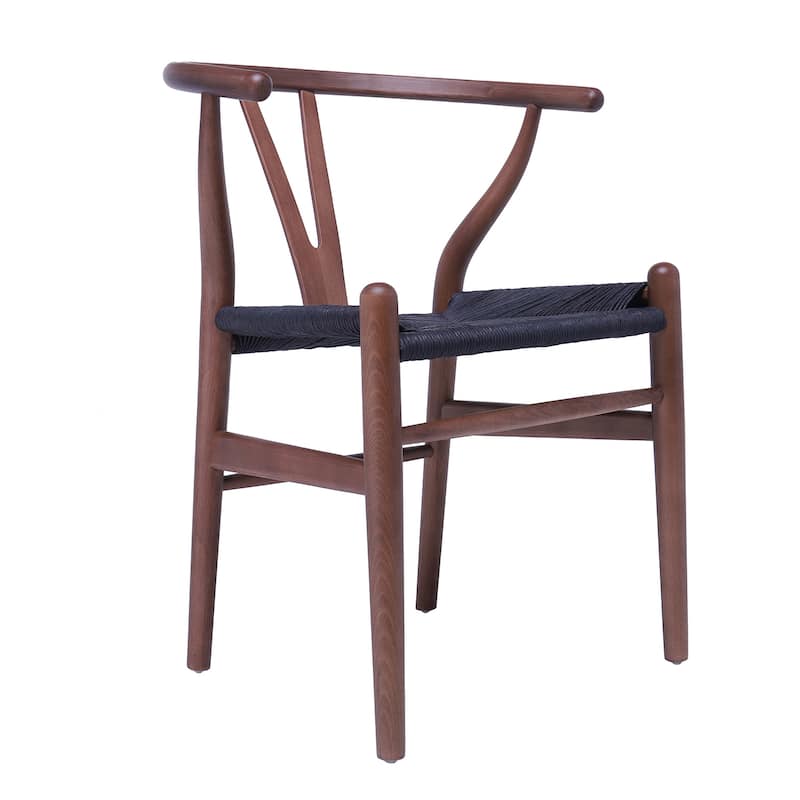 Woven Wood Armchair with Arms Open Y Back Mid Century Modern Office Dining Chairs Black Seat Kitchen Bedroom Organic Rattan