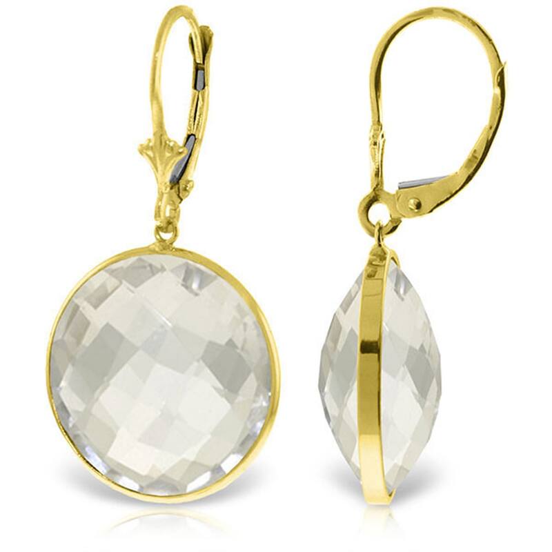 14K Solid Gold Leverback Gemstone Earrings Round White Topaz Jewelry - Yellow