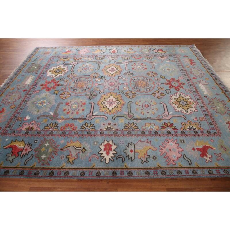 Transitional Blue Oushak Oriental Area Rug Handmade Floral Wool Carpet - 8'1"x 9'6"